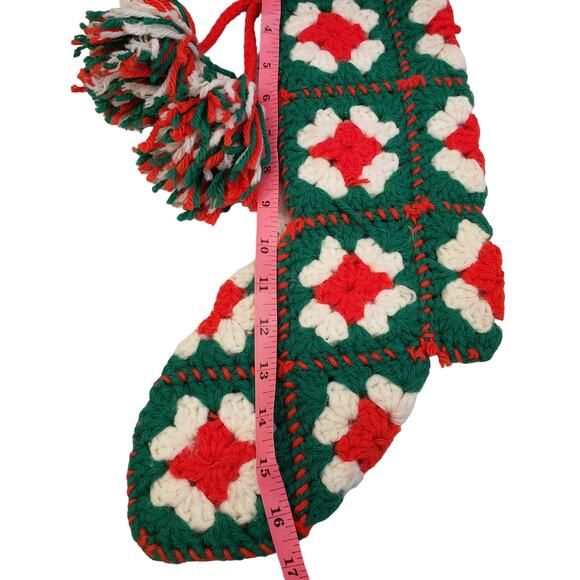 Crocheted Christmas Stocking Granny Square Handmade Vintage Christmas Stocking - Picture 8 of 10
